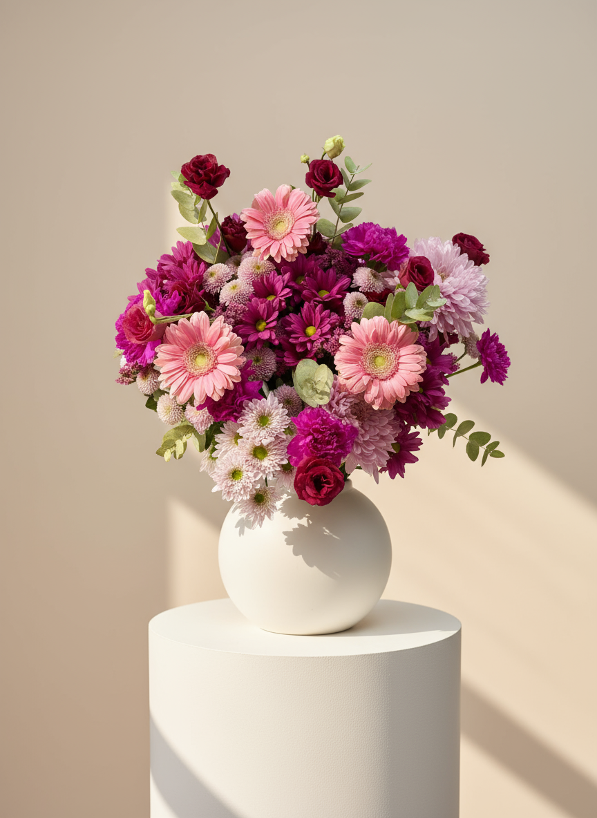 Ramo en color fucsia con un precioso jarrón blanco