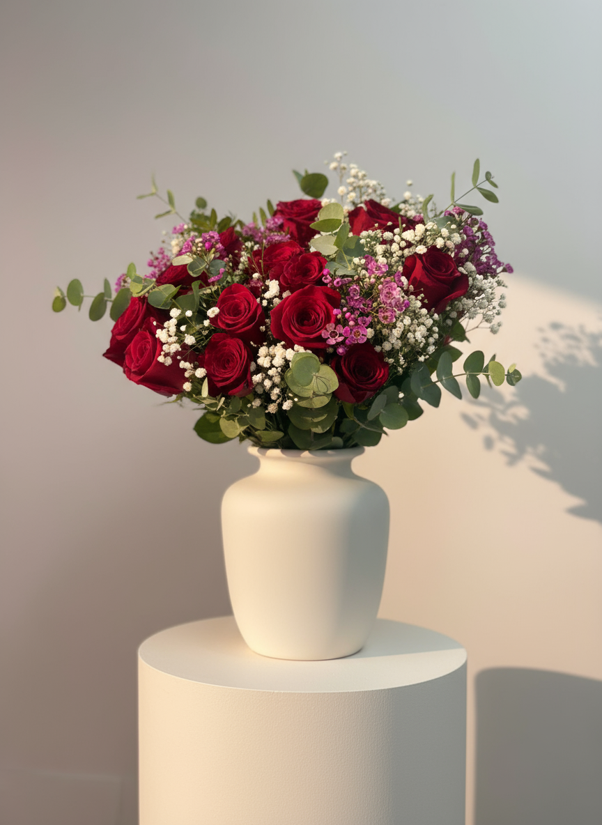 Ramo romántico de rosas rojas, perfecto para regalar en San Valentín.