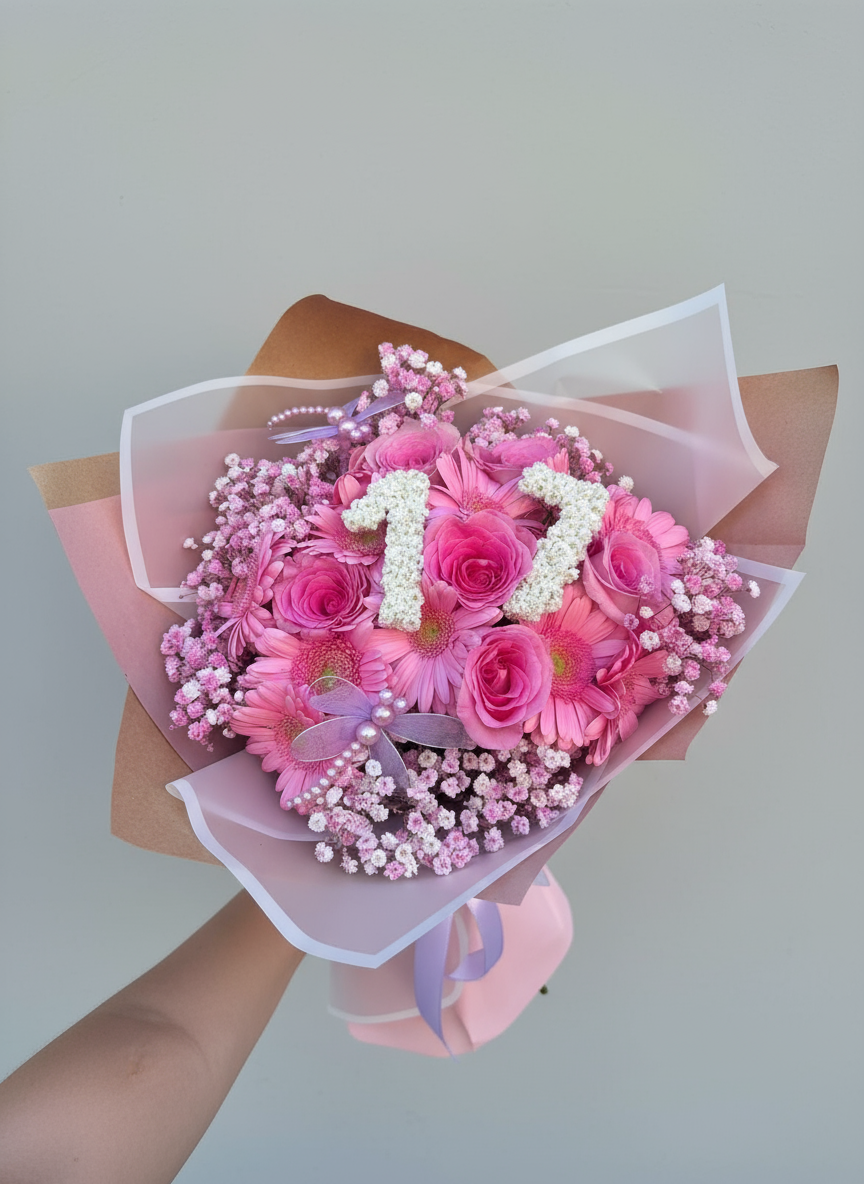Ramo para cumpleaños con numero hecho de flores totalmente naturales