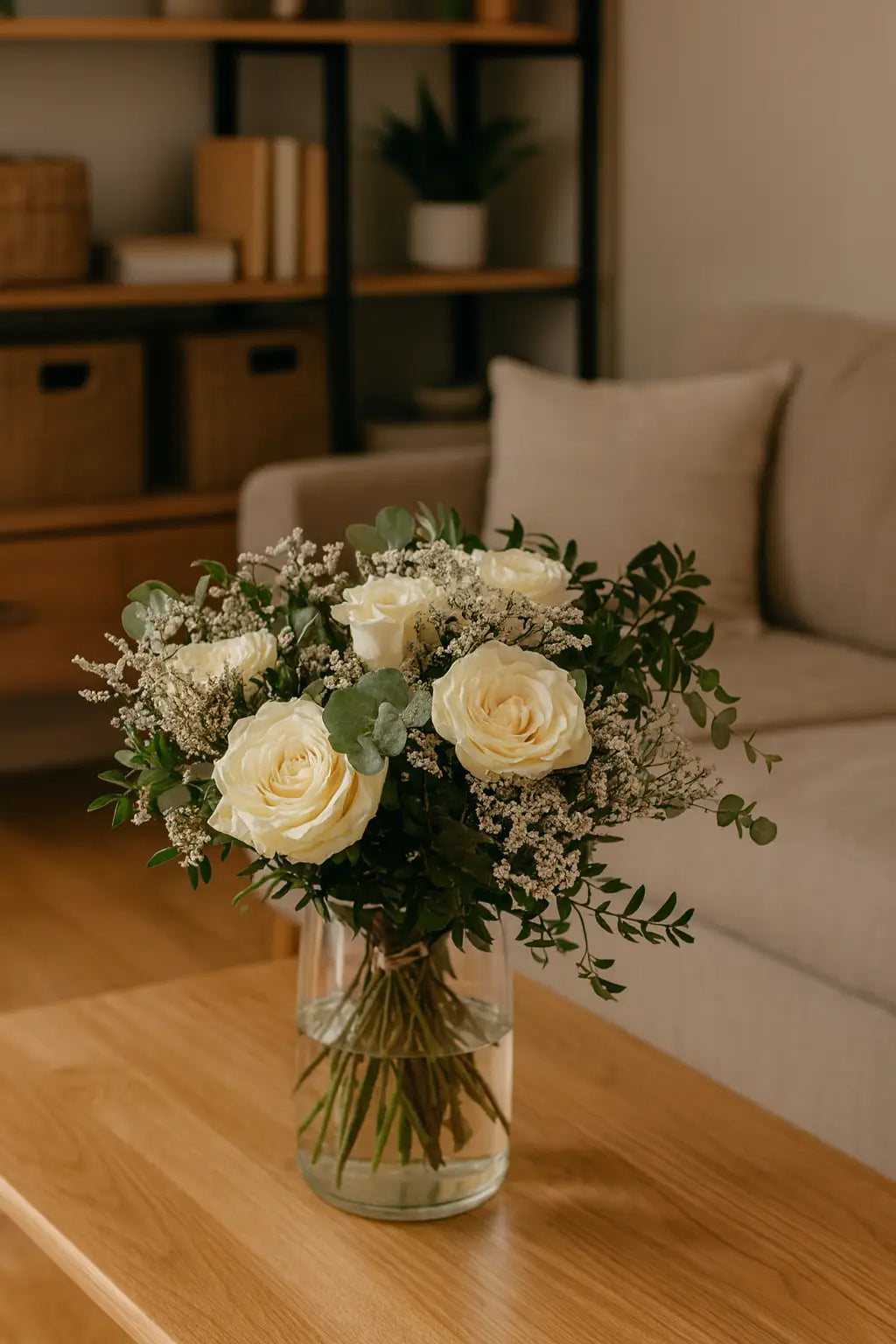 ramo de rosas blancas en un comedor acogedor
