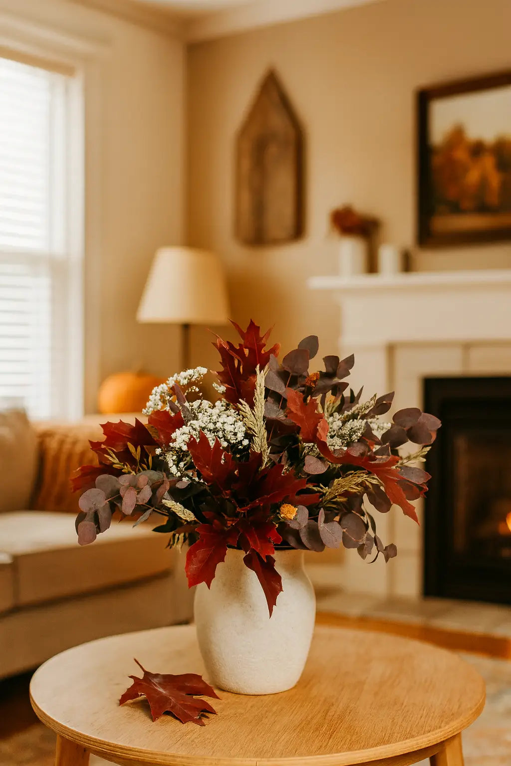 Arreglo floral con tonos otoñales cálidos, perfecto para decorar o regalar.