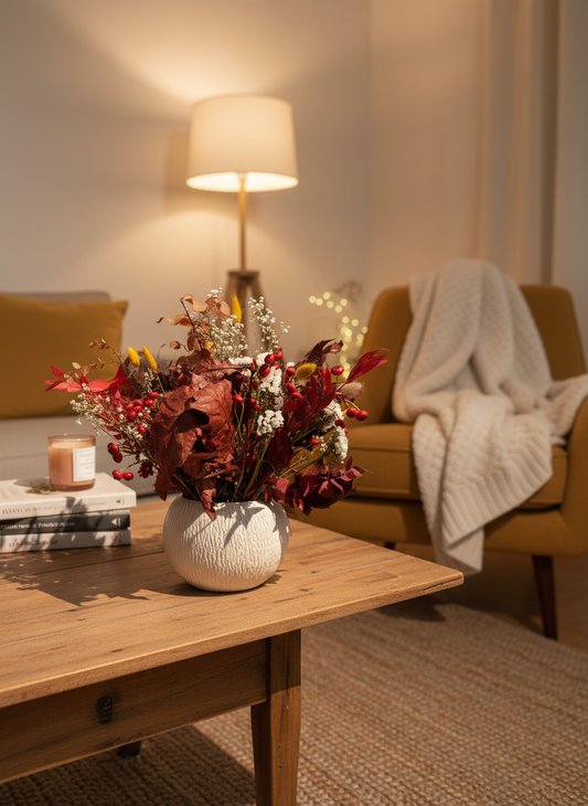 Centro floral otoñal con roble y eucalipto