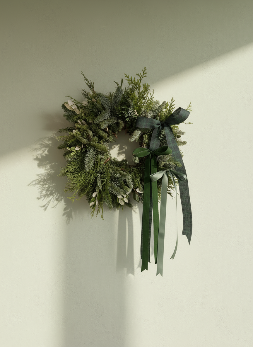 Preciosa Corona de navidad en tonos verdes con lazo verde perfecta para puertas