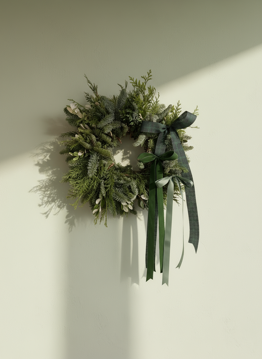 Preciosa Corona de navidad en tonos verdes con lazo verde perfecta para puertas