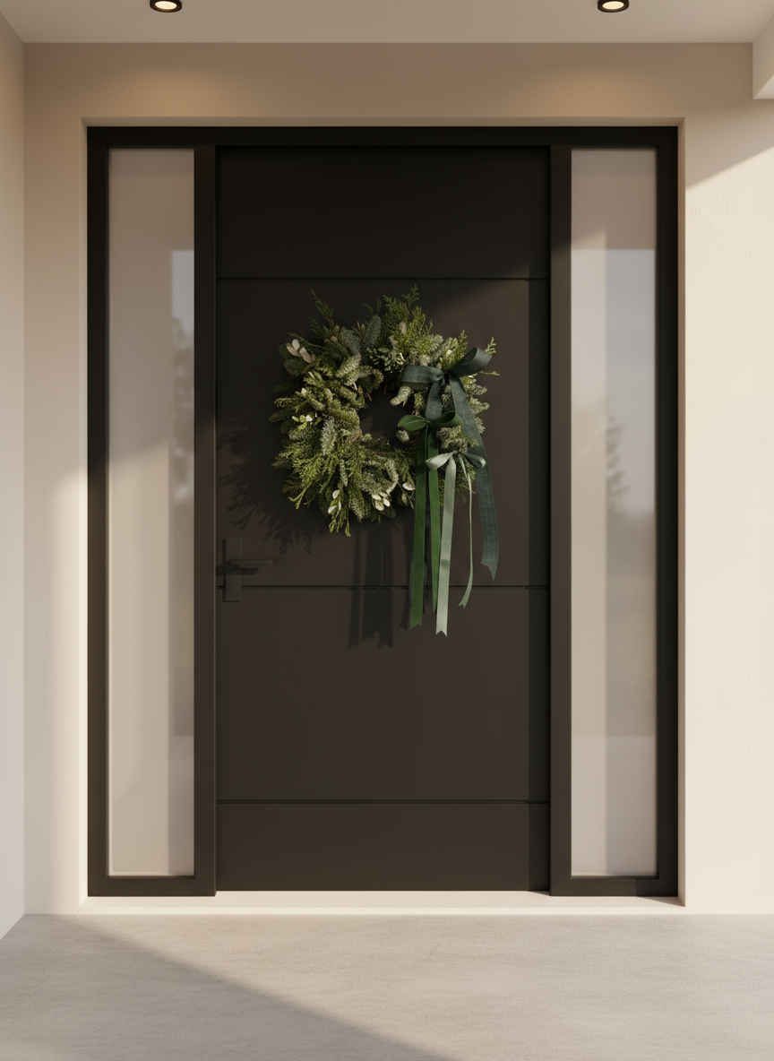 Corona de navidad colgada sobre una puerta negra estilo de casa moderno