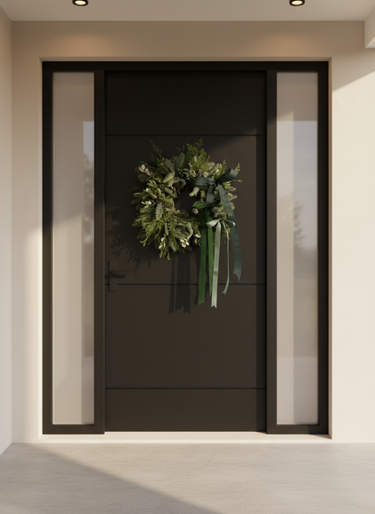 Corona de navidad colgada sobre una puerta negra estilo de casa moderno