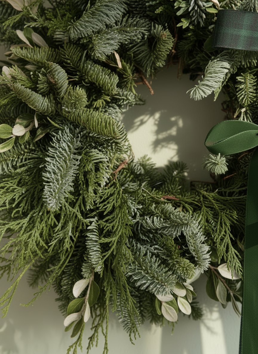 Detalle de abeto en corona de navideña en tono verde ideal para el hogar