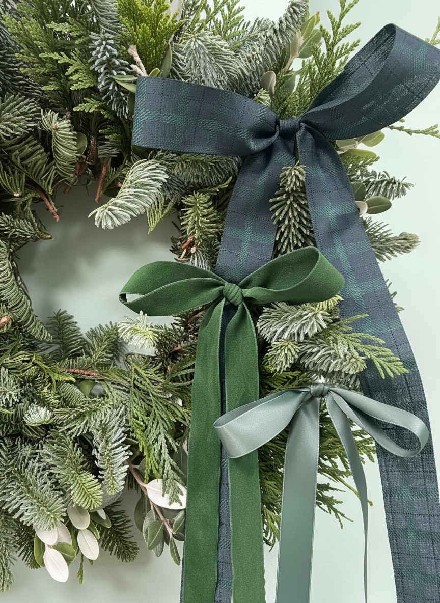 Detalles de lazos para corona de navidad en color verde oscuro y color verde claro