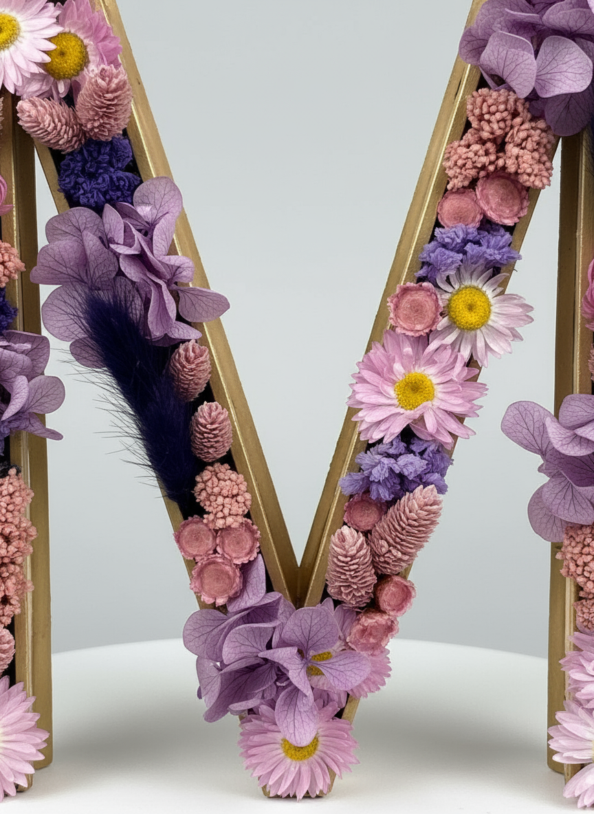 Letra decorada M: elegancia floral para decorar con estilo