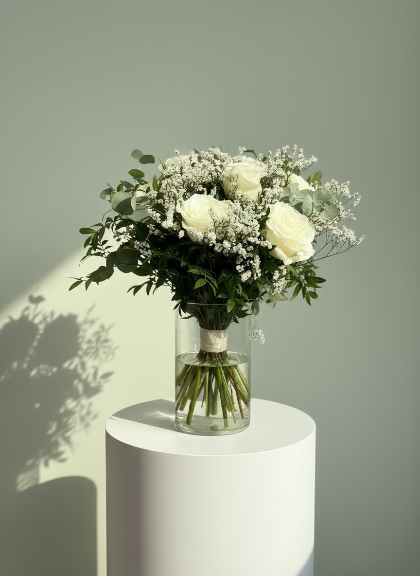 Ramo de rosas blancas con jarrón transparente