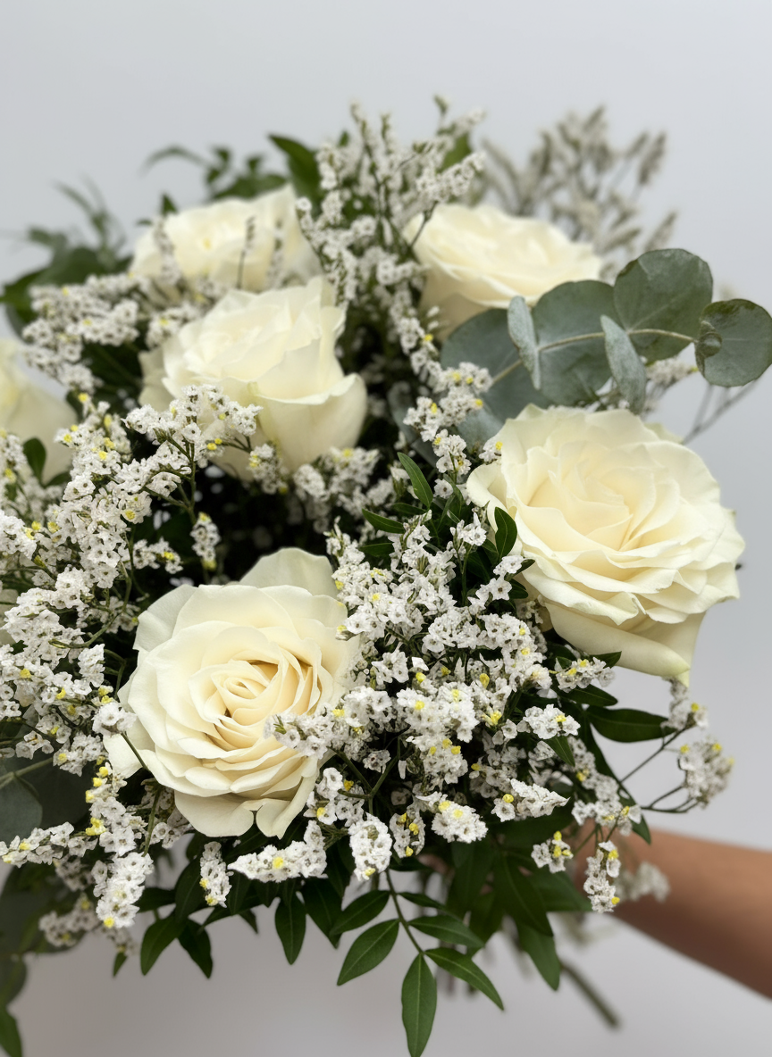 Ramo de rosas blancas de cerca