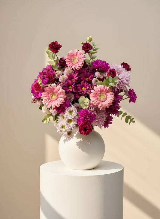 Ramo en color fucsia con un precioso jarrón blanco