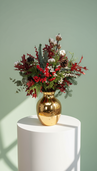 Ramo navideño con jarrón dorado ideal para decorar en esta navidad de 2025