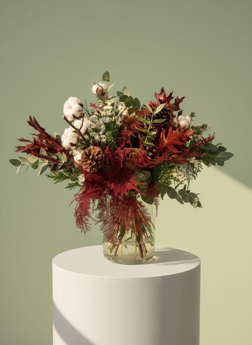 Precioso ramo navideño con esparraguera roja piñas algodón y eucalipto