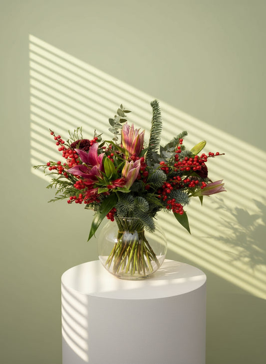 ramo navideño natural en tono rojo y verde con lirios rojos