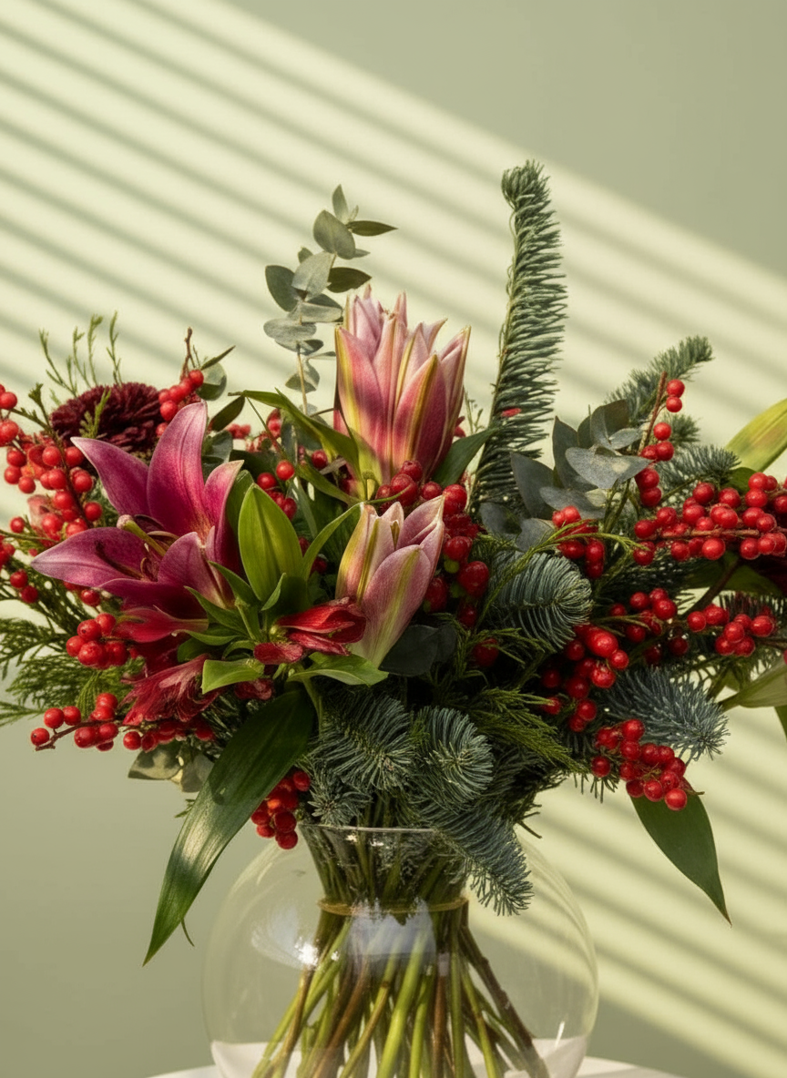 Ramo navideño sobre base de cristal para decorar una cena con abeto y lirios rojos