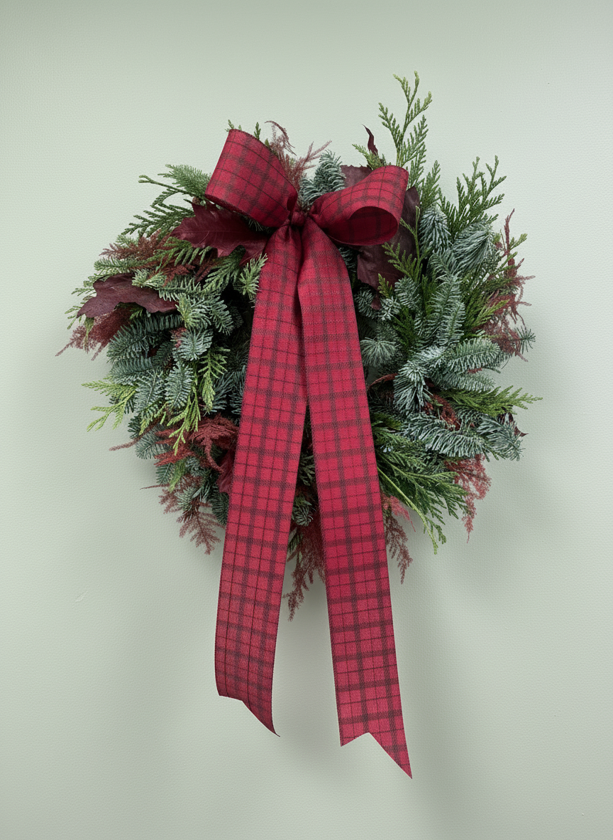 Corona con abeto en tonos verde y rojos ideal para la temporada navideña 2025