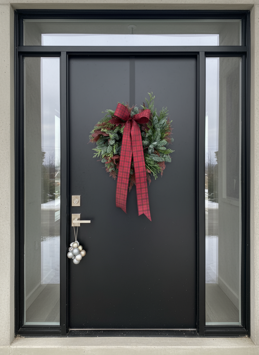 Corona navideña colocada sobre una puerta moderna en color negro 
