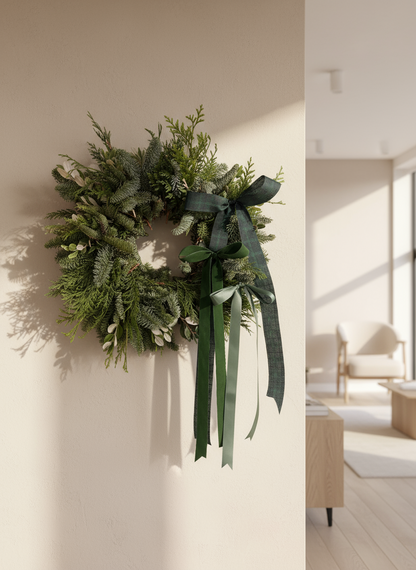 Corona navideña en una casa moderna ideal para la temporada de navidad 2025