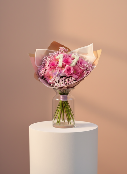 Bouquet de geberas y rosas en tonos rosa perfeto para cumpleaños con numero personalizado