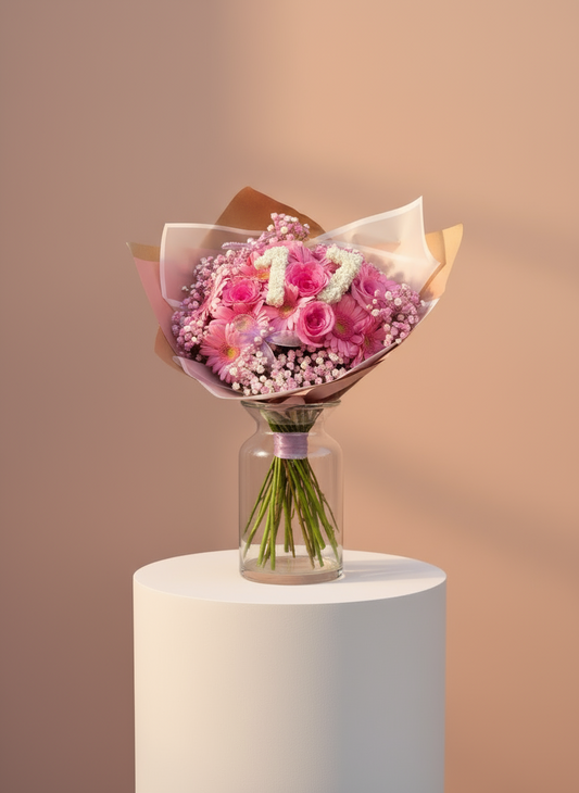 Bouquet de geberas y rosas en tonos rosa perfeto para cumpleaños con numero personalizado