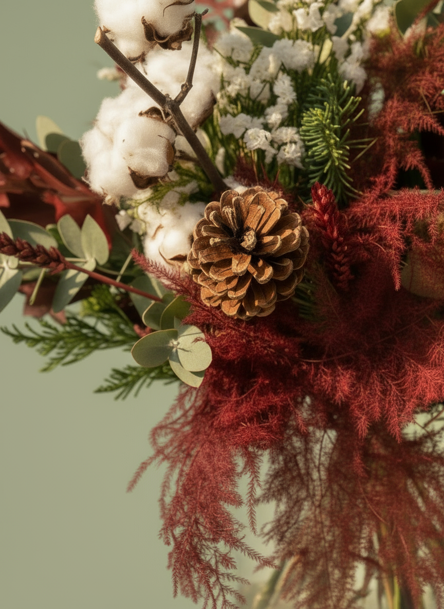 Detalle del ramo navideño con piñas y algodoón