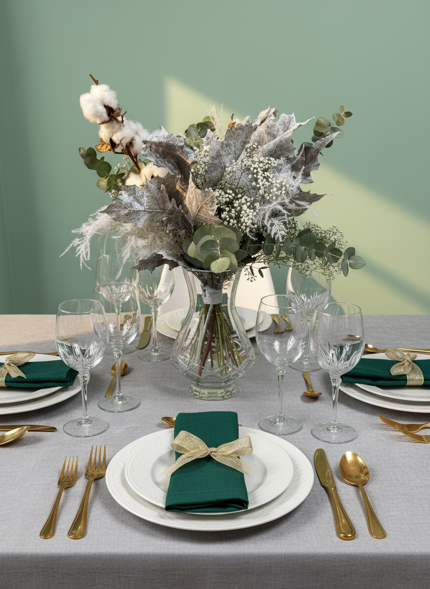 precioso ramo navideño verde y blanco ideal para mesa navideña con jarron de cristal